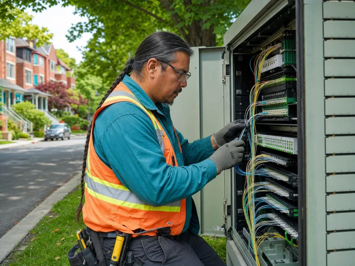 A telecommunications technician servicing a fibre cabinet in the field.