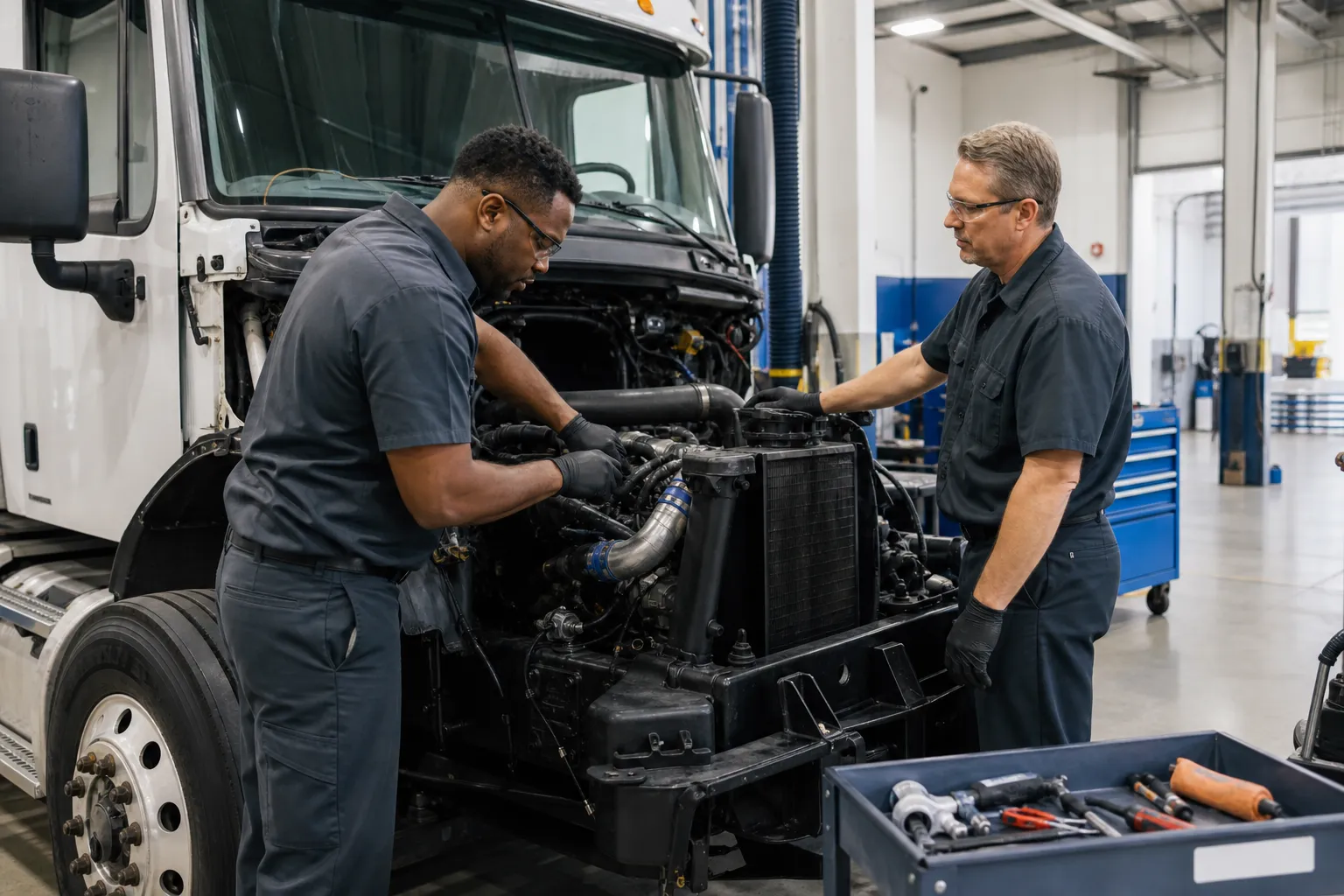 Diverse mechanics servicing a generic tractor unit in a bright, unbranded fleet garage.