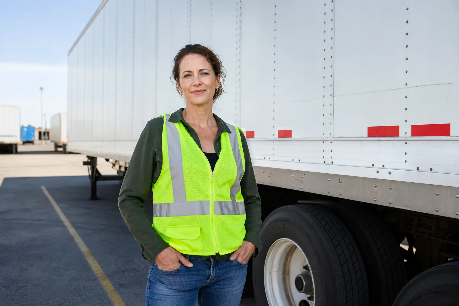 A diverse group of freight drivers and dock workers standing beside generic trailers in a bright, unbranded terminal yard.