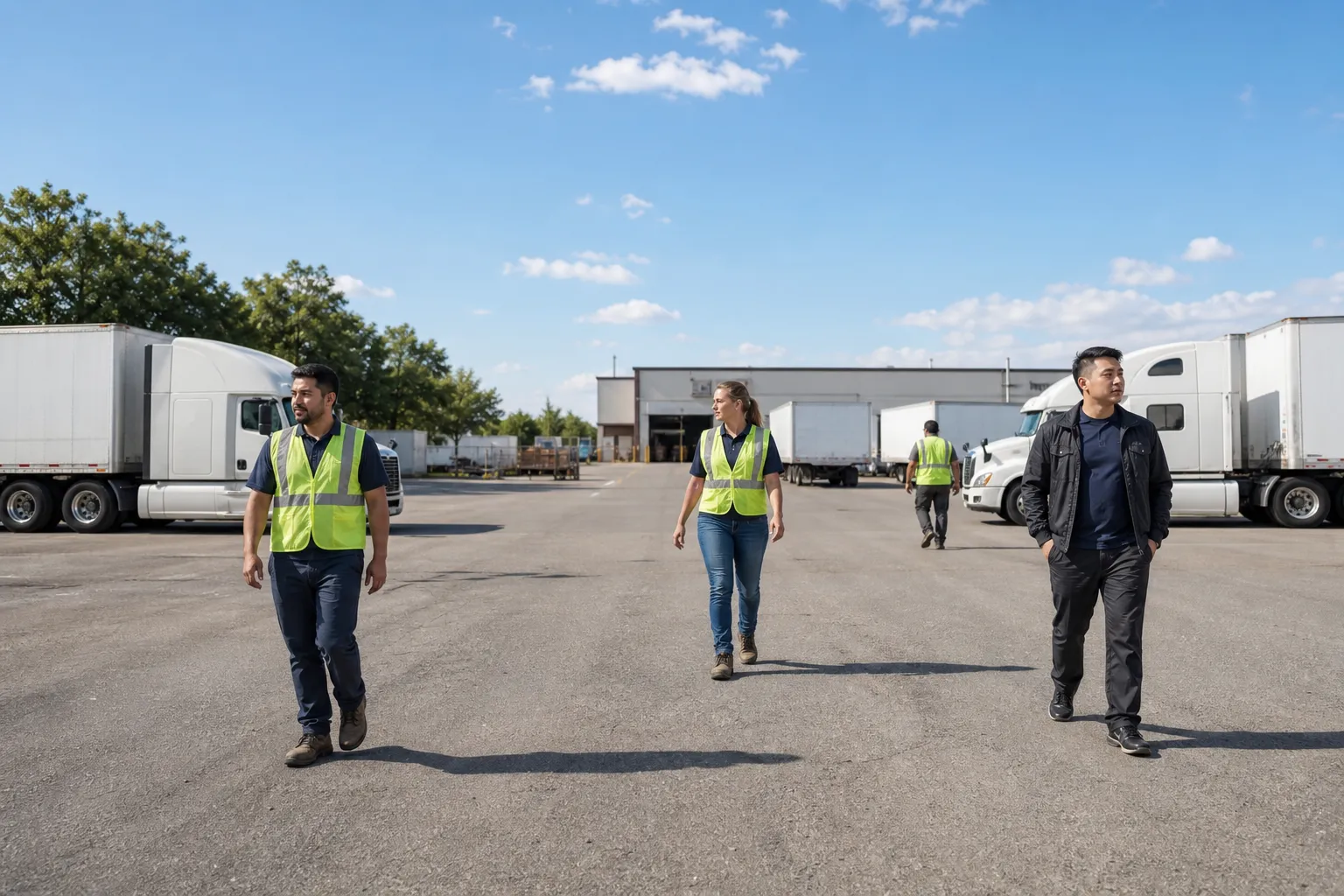 A bright, unbranded freight yard with diverse drivers walking between generic trailers at the start of a shift.