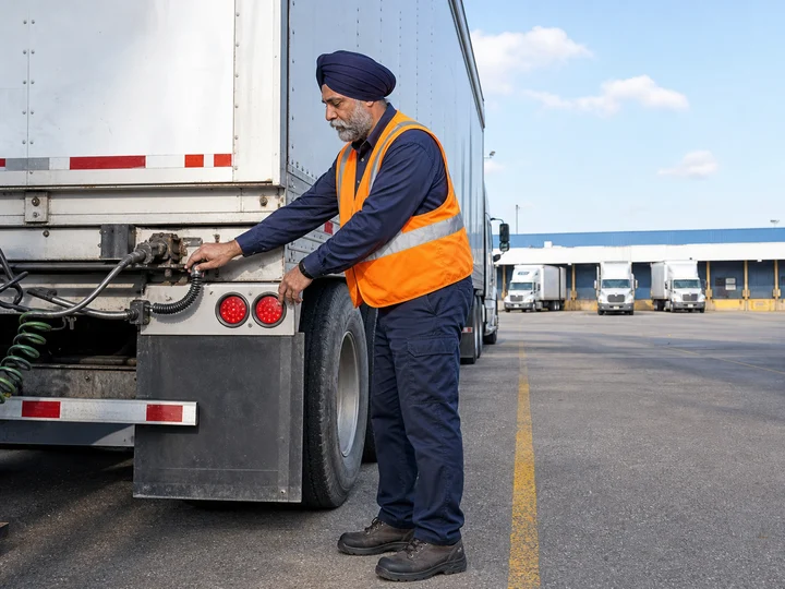 A transport driver carrying out a trailer safety inspection at a logistics terminal.