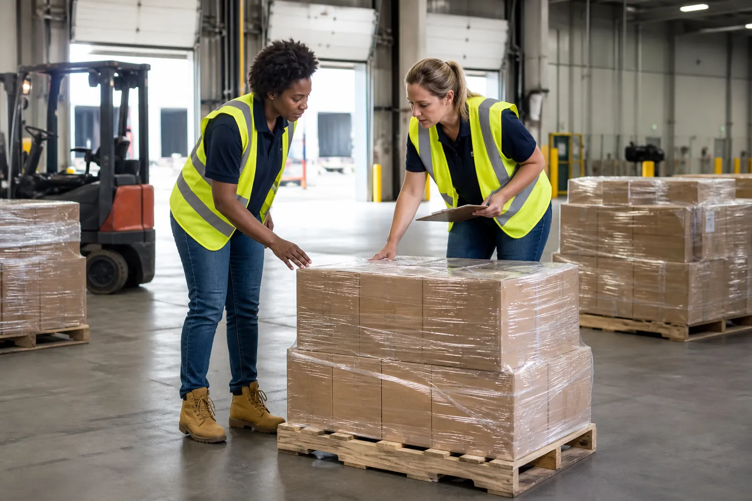 Diverse receiving-dock members checking generic pallets in a bright warehouse bay, wearing safety vests and steel-toe boots.