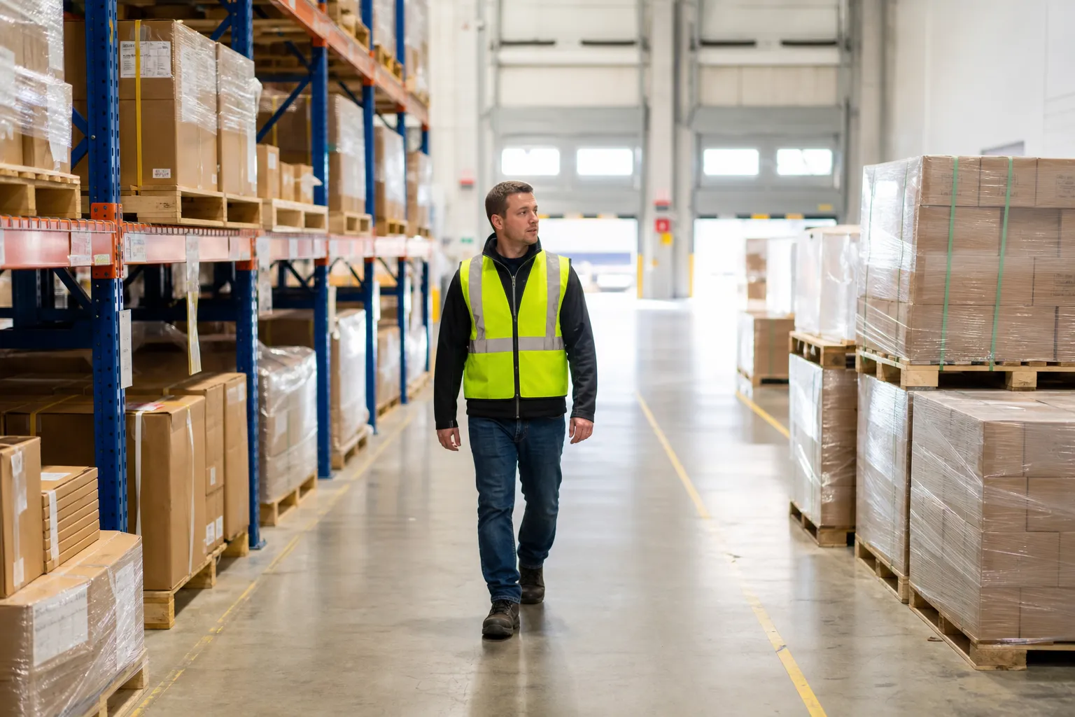 Diverse warehouse workers in high-visibility vests walking a brightly lit distribution aisle with generic pallets and no facility branding.