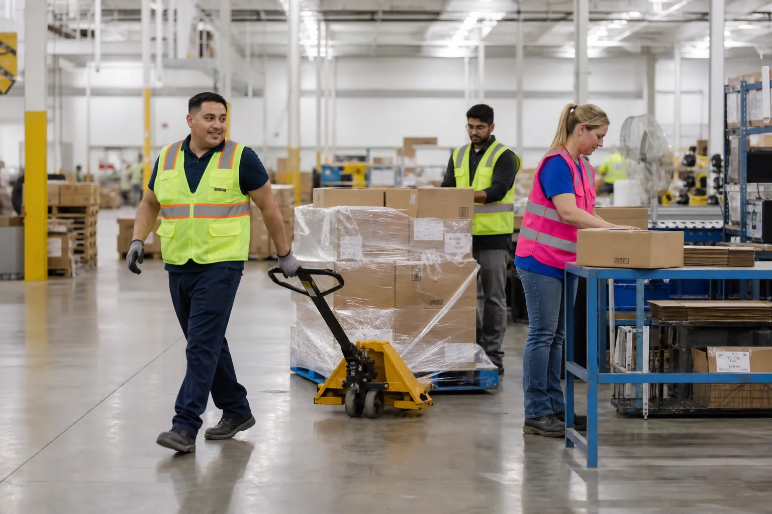 A bright distribution centre interior with diverse members at packing stations and a pallet jack, no company logos.