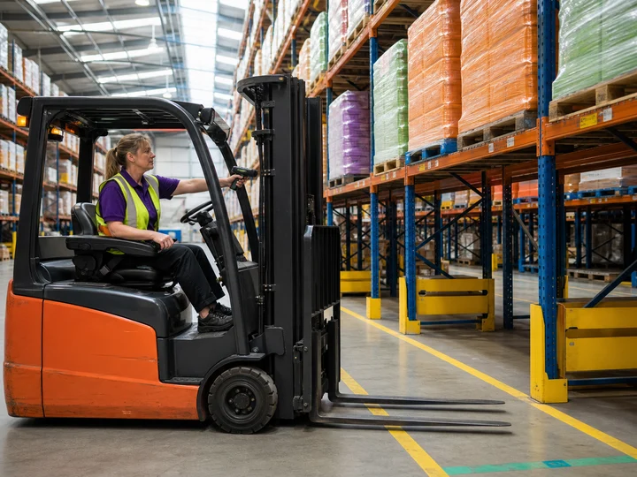 A forklift operator scanning a pallet in a distribution centre.