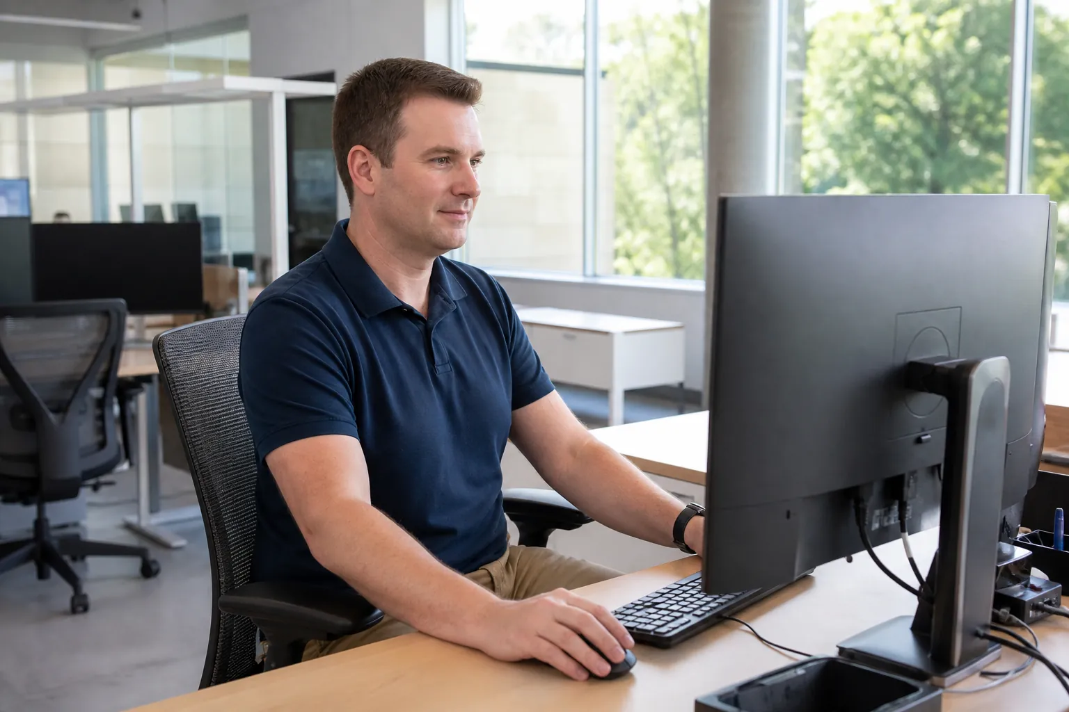 A public-sector technical professional working at a digital workstation in a bright office.