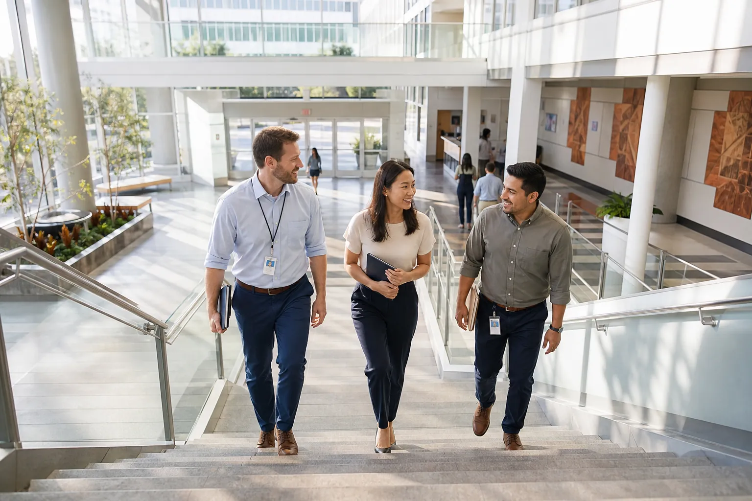 Administrative and professional employees walking a bright civic-office atrium.