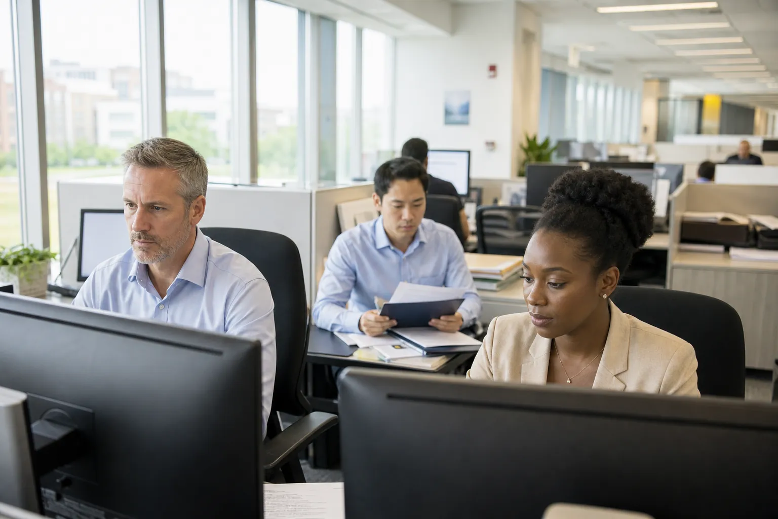Program staff working at workstations in a bright government office.