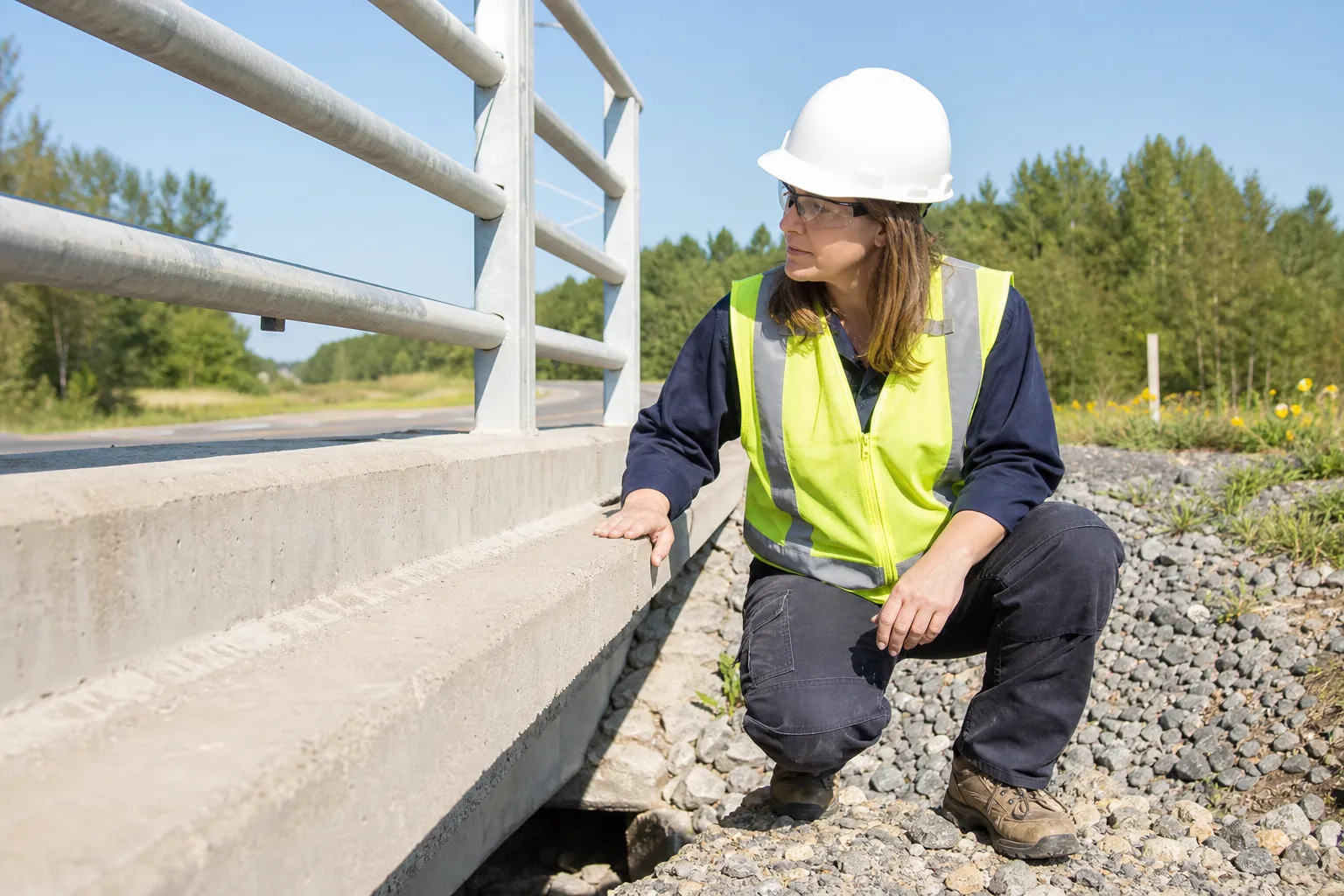 A government agency field employee inspecting public infrastructure on a bright day.