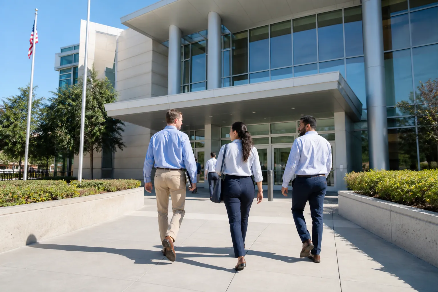 Government and agency employees walking into a bright public-office building.