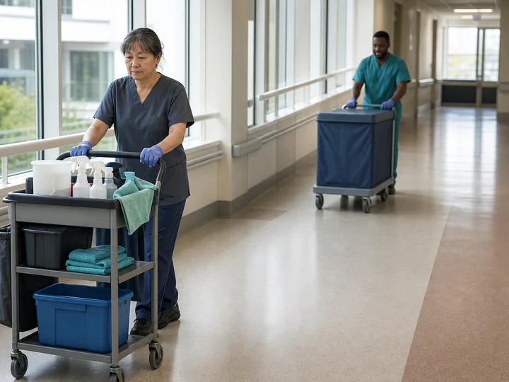 A hospital environmental-services worker preparing a cleaning cart between shifts.