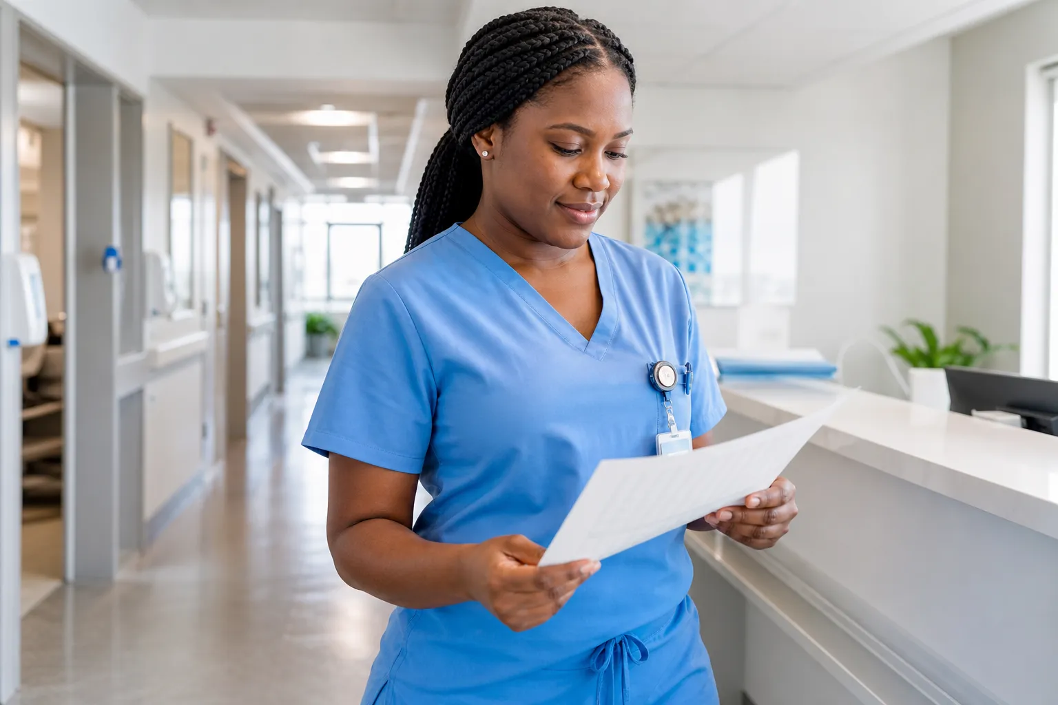 A hospital environmental-services worker preparing a cleaning cart in a bright corridor between shifts.