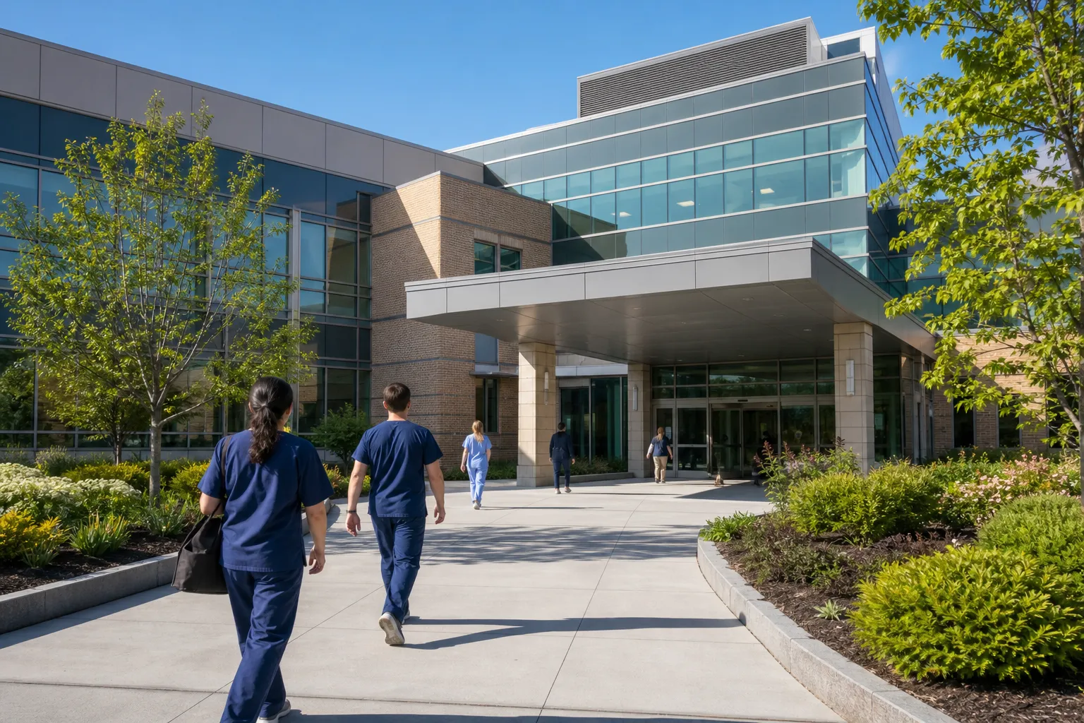 Health-care workers in mixed classifications walking a sunlit hospital corridor between units.