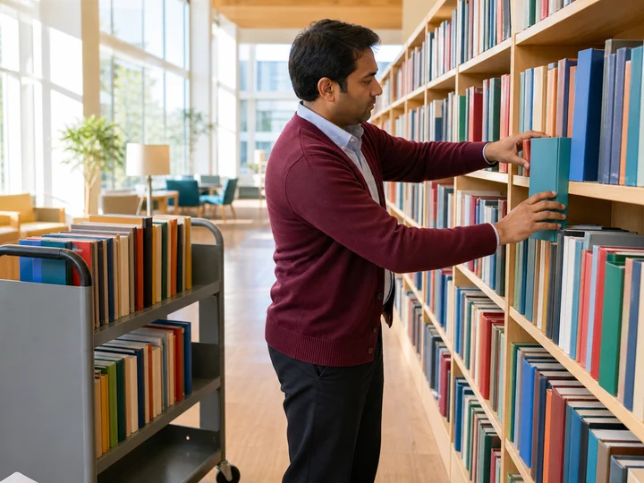 A public-library worker reshelving books from a rolling cart.