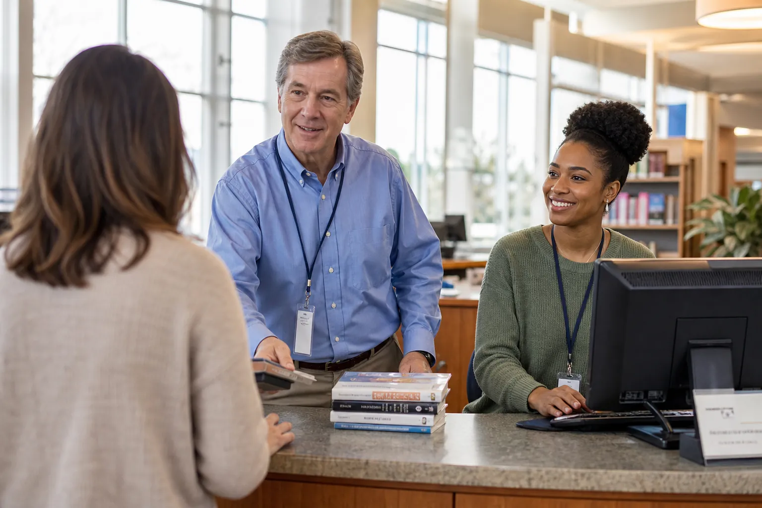 A library technician helping a patron at a bright information desk.
