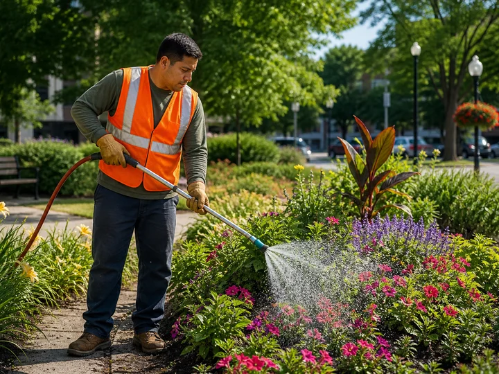 A municipal parks worker maintaining a public green space.