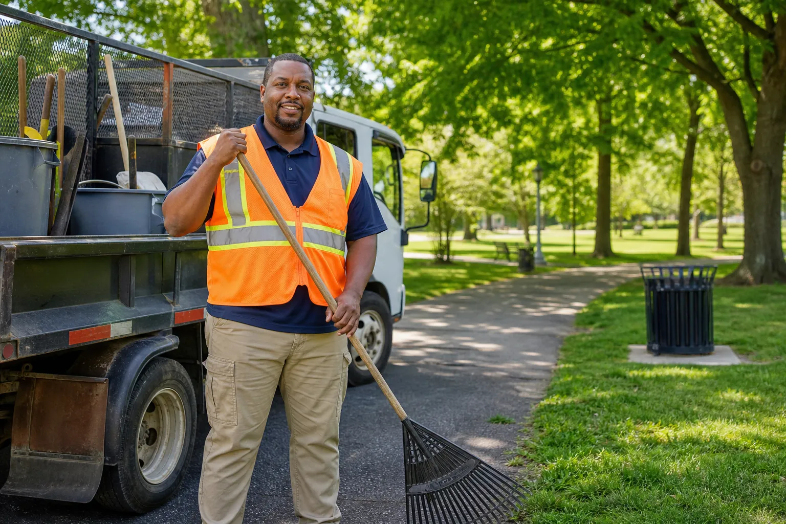 A municipal parks worker tending a public green space on a bright morning.