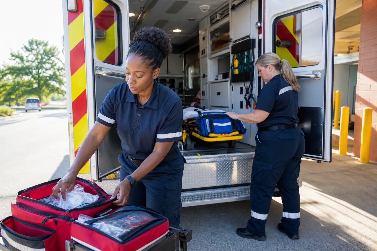 A paramedic checking a medical bag at a station bench between calls.