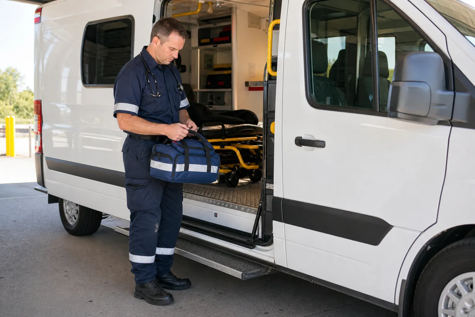 Paramedics restocking emergency equipment in a bright ambulance bay.