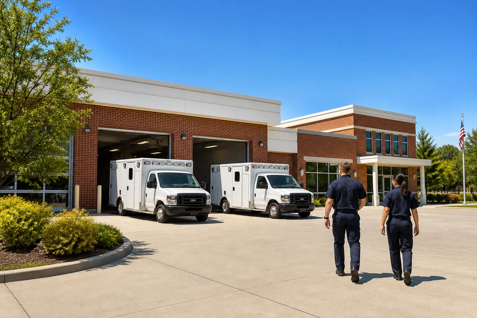 Unmarked ambulances parked in a bright station bay at the start of a shift.