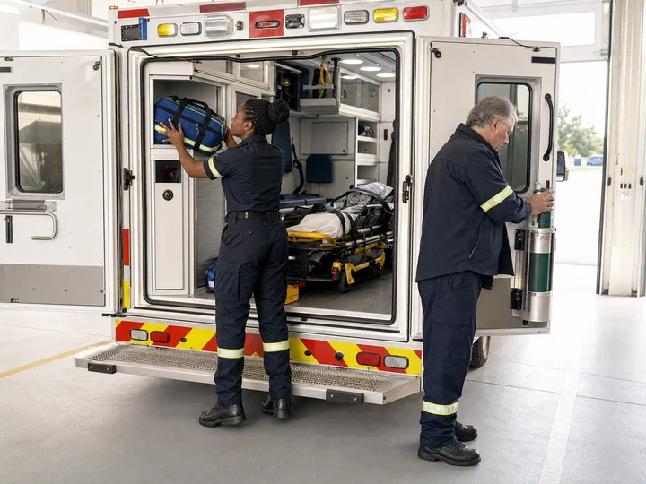Paramedics restocking emergency equipment in an ambulance bay.