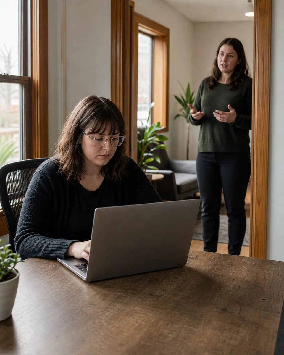 Public-sector union staff using a laptop during a workplace discussion.