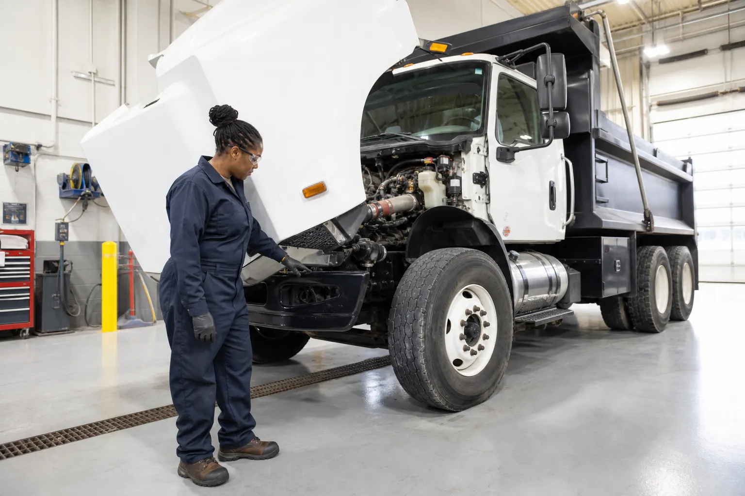 A mechanic in a bright public-works garage inspecting a municipal truck.