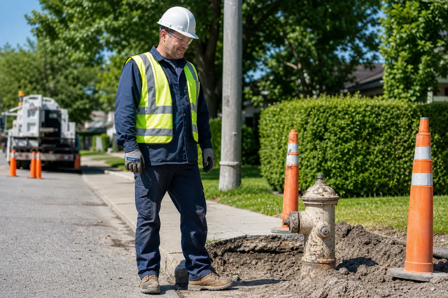 Public-works employees in high-visibility gear inspecting a worksite on a bright day.