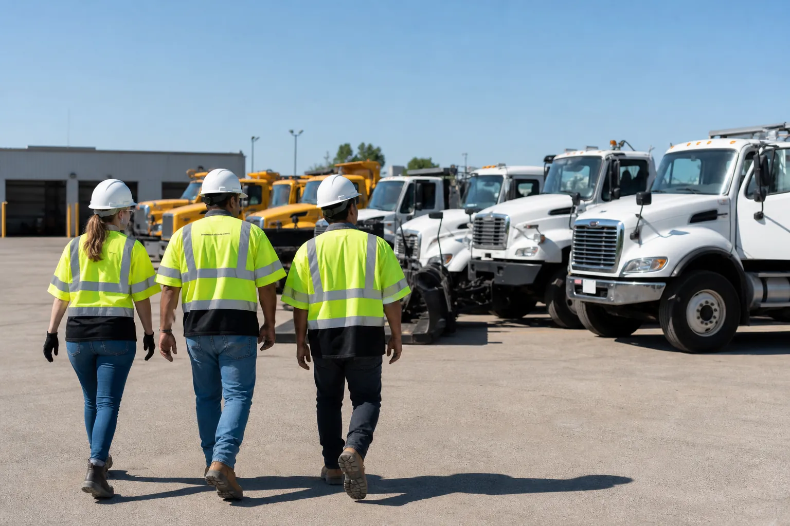 Public-works trucks lined up in a bright yard at the start of the day.