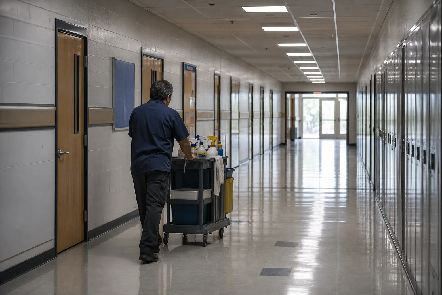 A school caretaker moving a supply cart down an empty hallway at the start of the day.