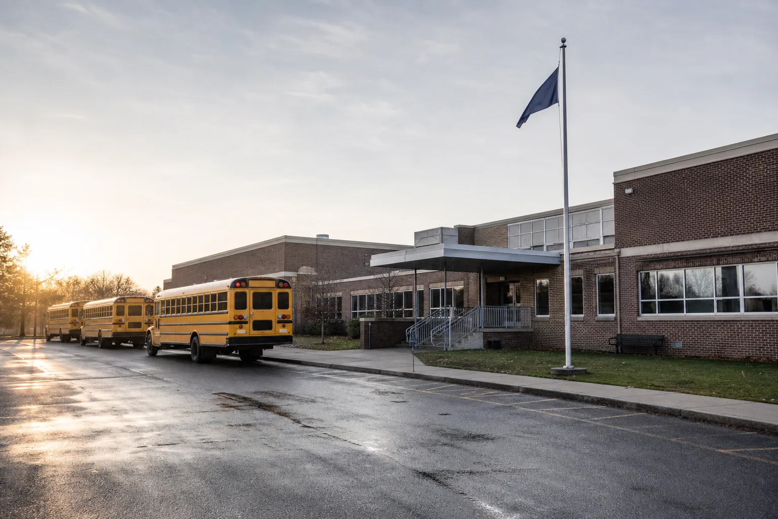 School buses parked outside a public school at the start of the day.