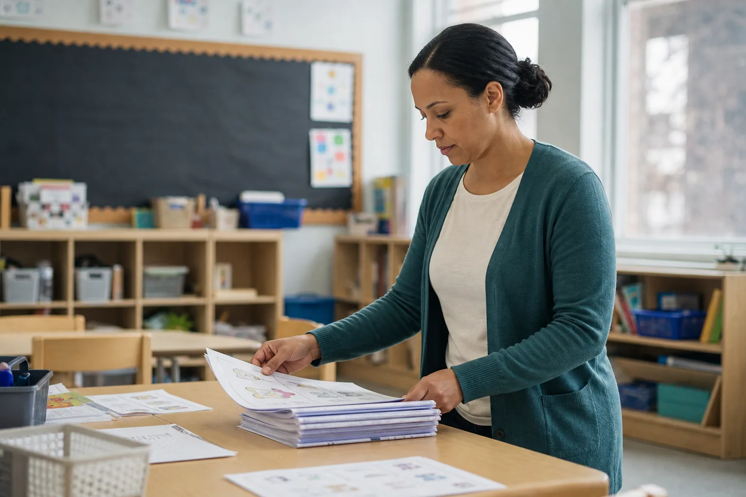 An education support worker reviewing classroom materials at a student table.