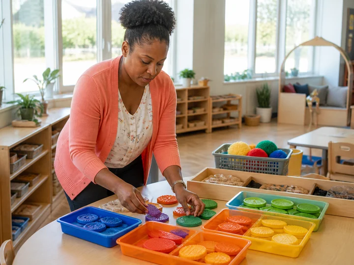 An education support worker preparing an accessible classroom activity station.