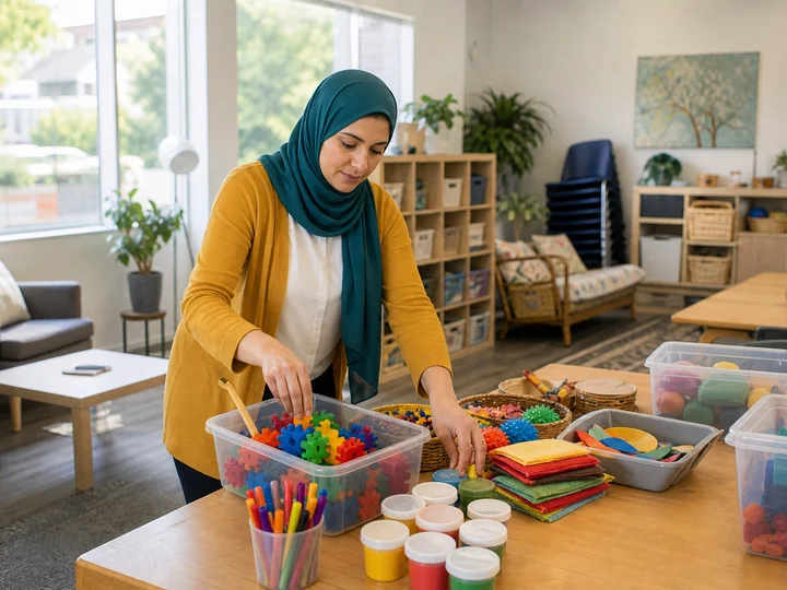 A community agency worker preparing a neighbourhood resource centre for the day.