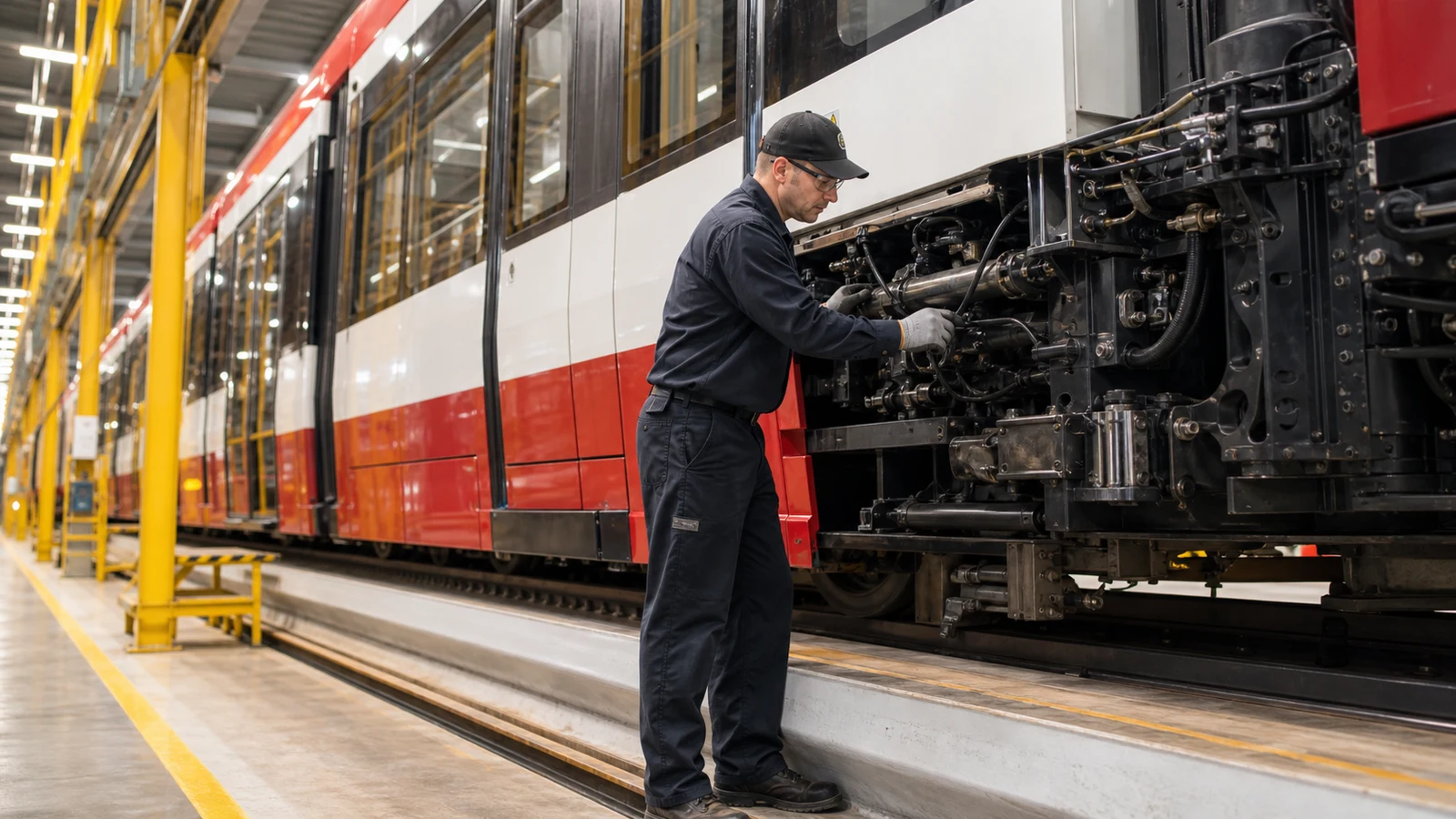 A TTC maintenance technician inspecting the mechanical systems of a red and white low-floor streetcar in a bright service bay.
