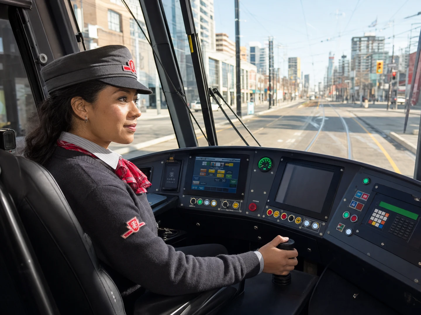 A TTC streetcar operator in the correct grey and red uniform driving a modern Toronto streetcar.