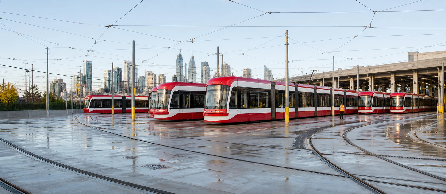 Modern red and white Toronto streetcars lined up across a transit yard at the start of service.
