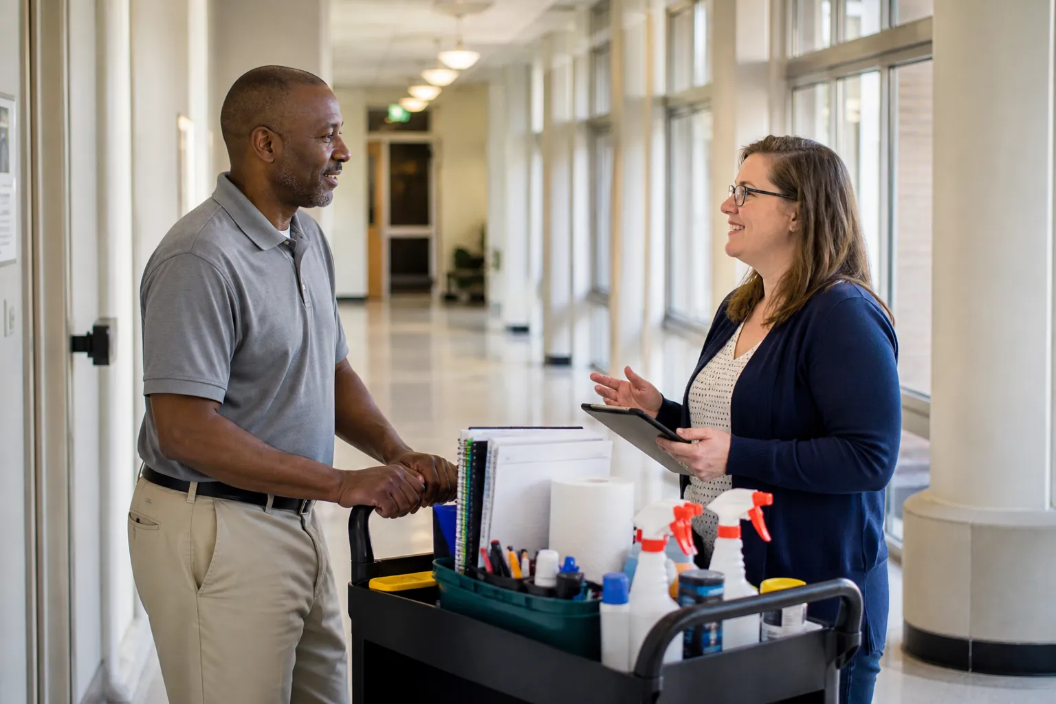 A campus facilities worker checking equipment in a bright mechanical room.