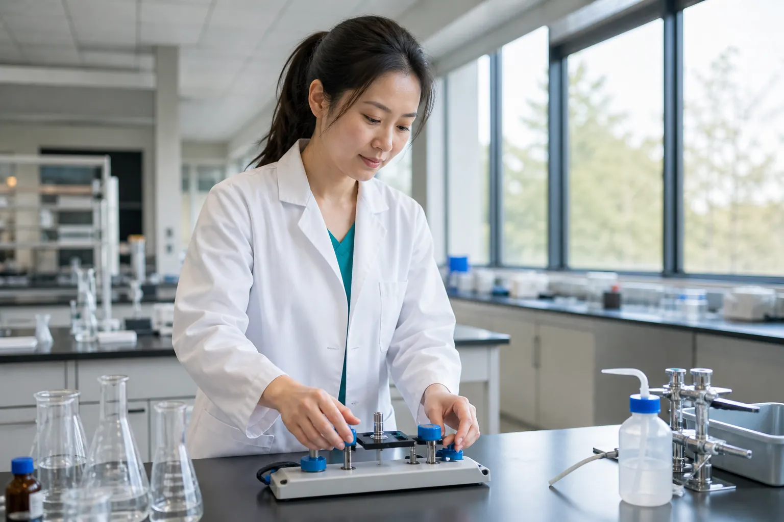 A post-secondary laboratory technician preparing teaching equipment in a bright lab.