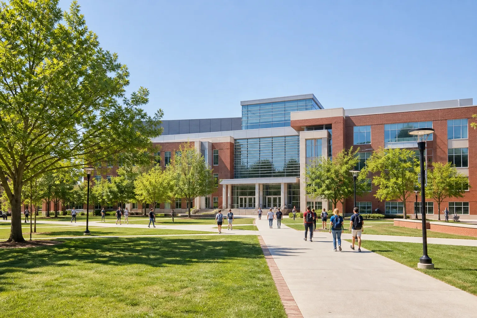 Campus support staff walking a sunlit quad between academic buildings.