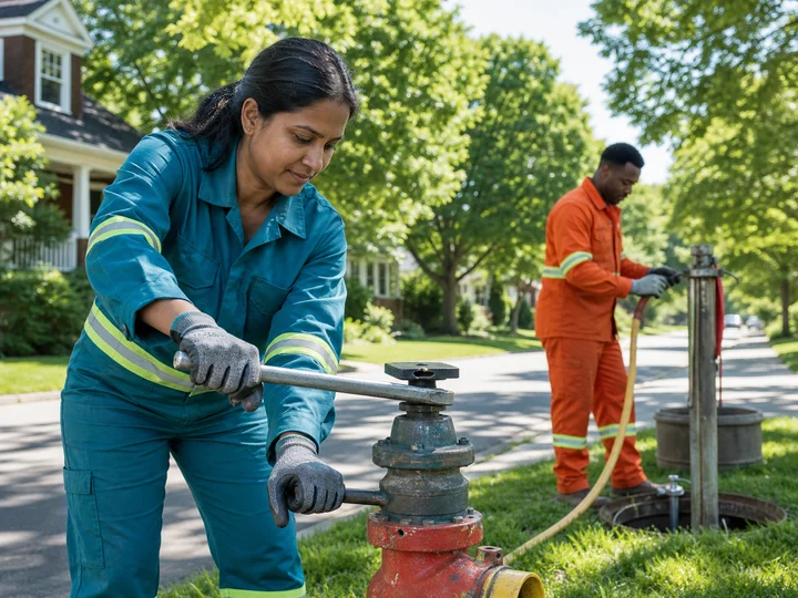 Water-utility employees checking treatment equipment at a public facility.