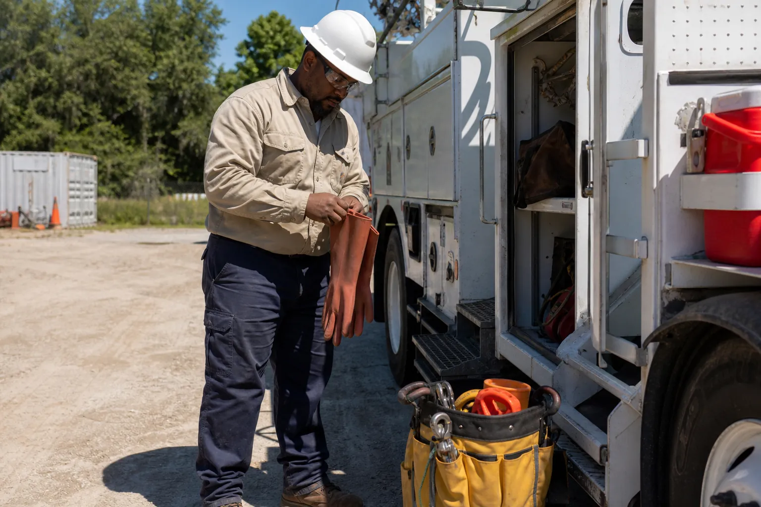 A lineworker in flame-resistant clothing and a hard hat preparing equipment in a bright utility yard.