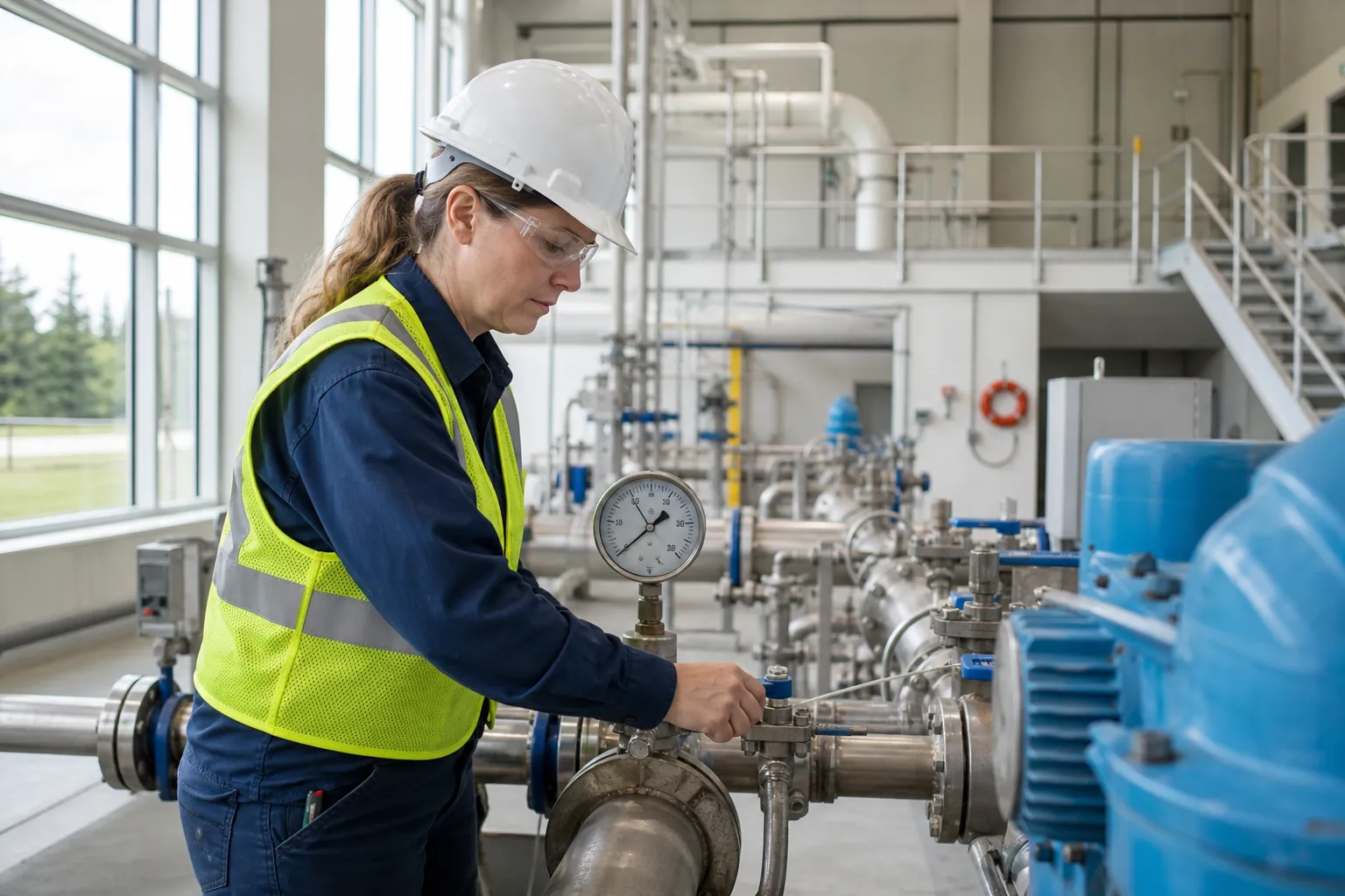 Water-utility employees checking treatment equipment in a bright plant.
