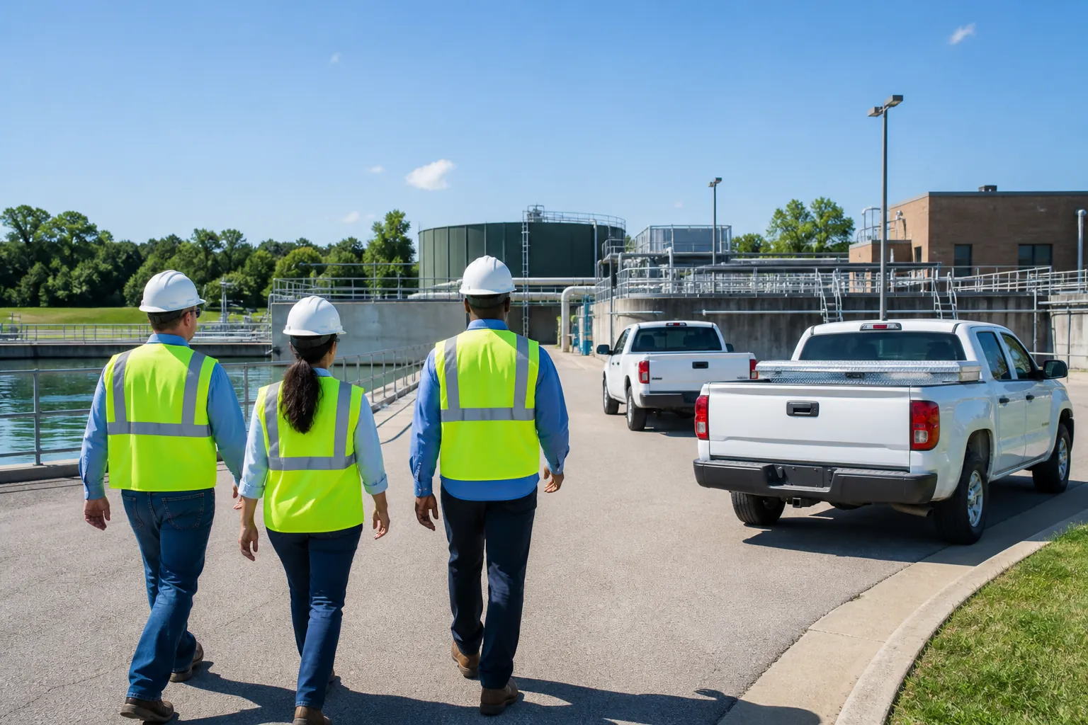 Utility vehicles parked beside a bright water-treatment plant at the start of a shift.