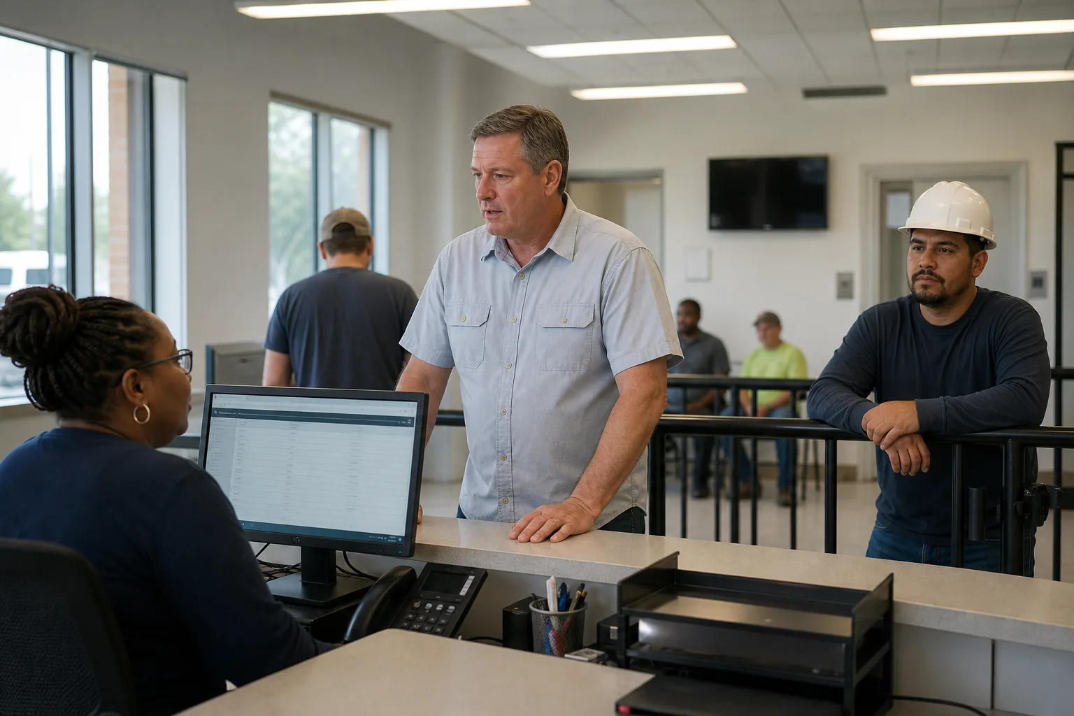 A white Canadian or American man in his fifties, clean work shirt, standing at a dispatch counter in a bright hiring hall.