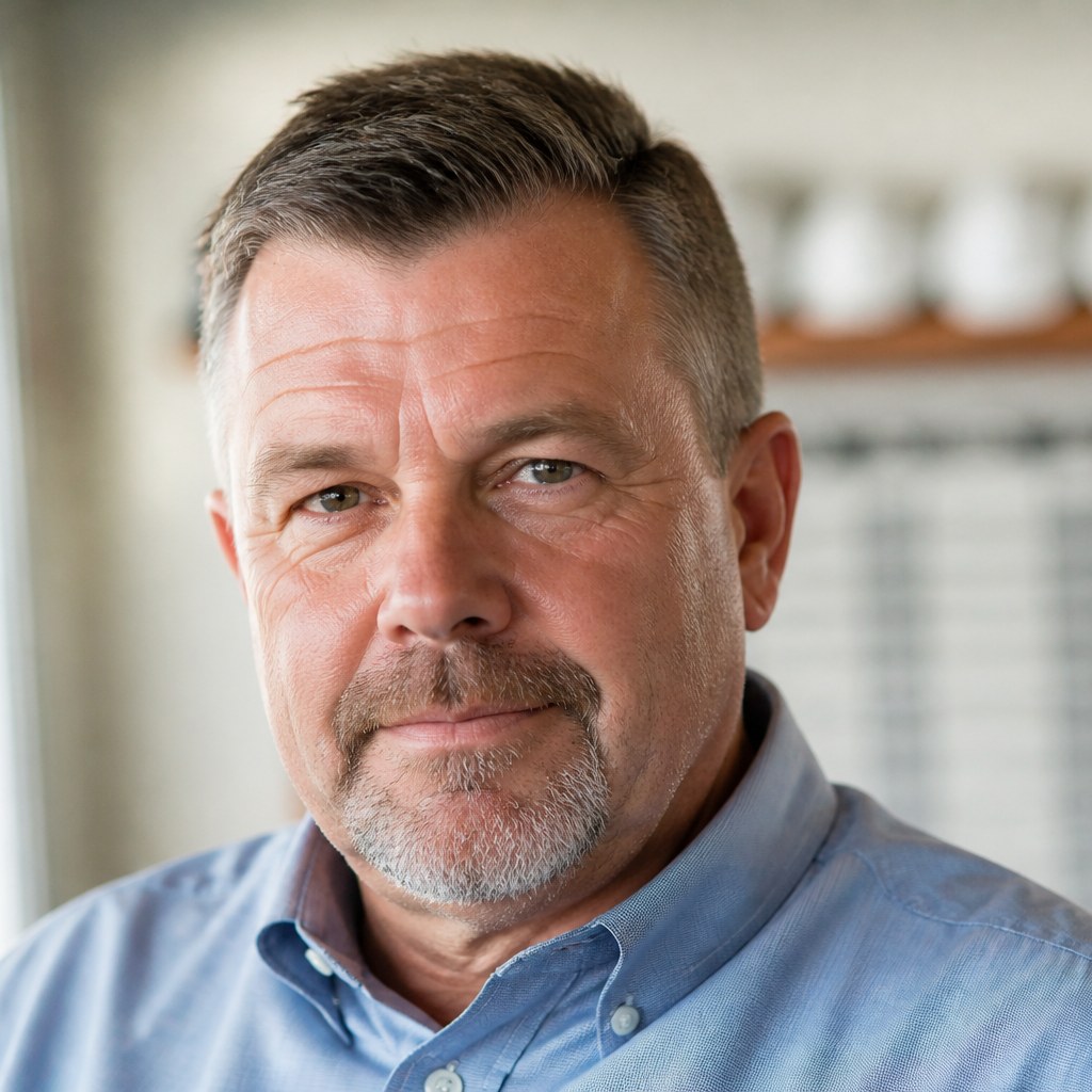 A white Canadian or American man in his fifties, clean work shirt, standing at a dispatch counter in a bright hiring hall.