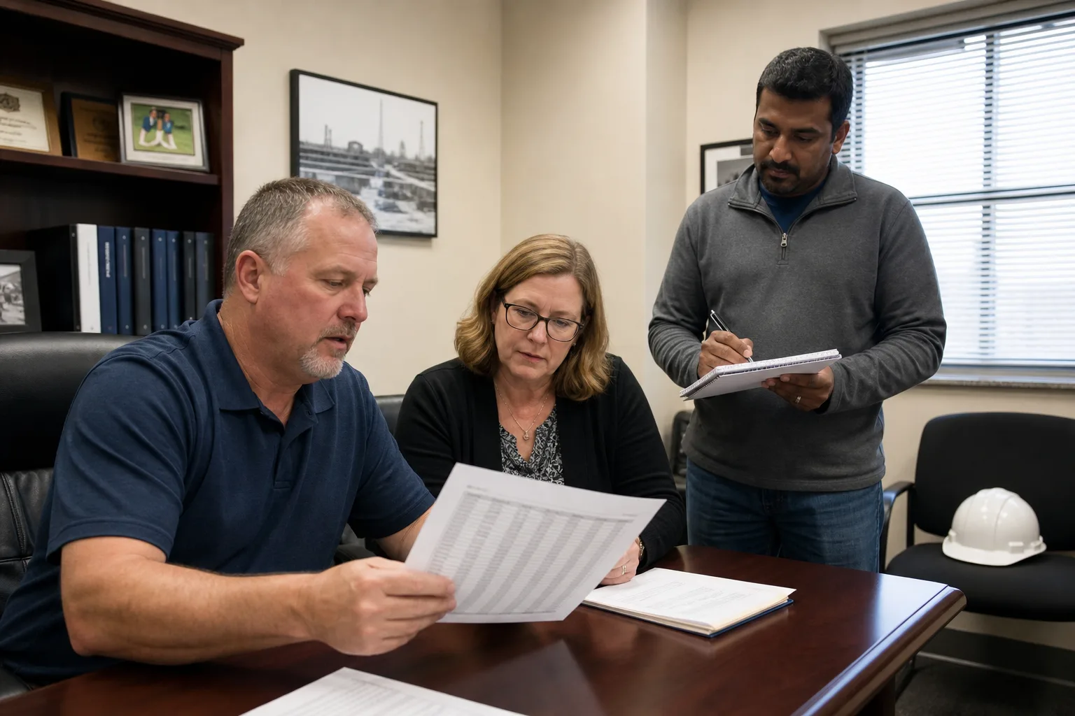 The Business Manager seated with the Financial Secretary — a white woman in her fifties, glasses, cardigan — reviewing a printed standing list (no readable names).