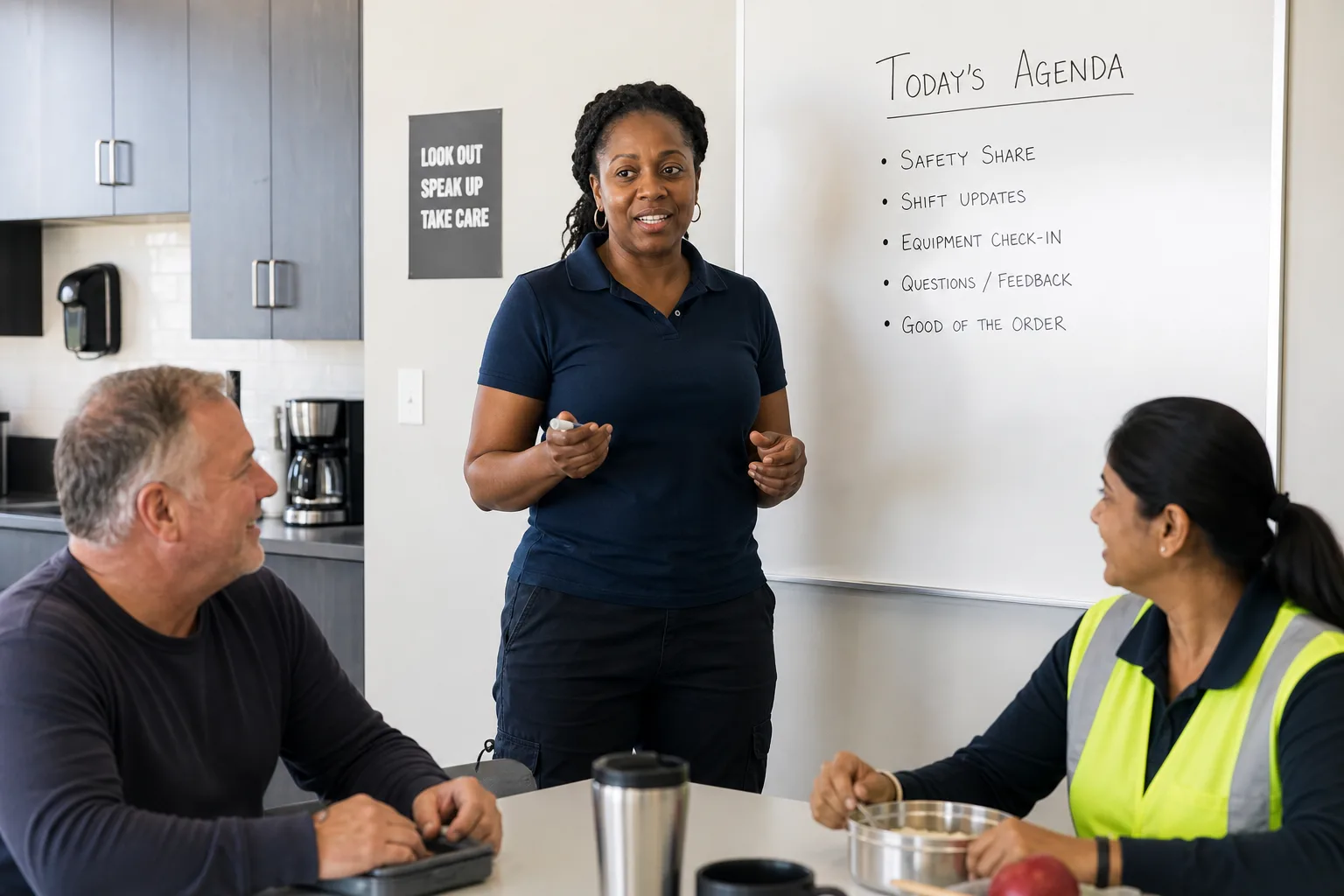 A Black Canadian or American woman in her forties, work-clean polo, standing at a whiteboard with a simple agenda (no crest).