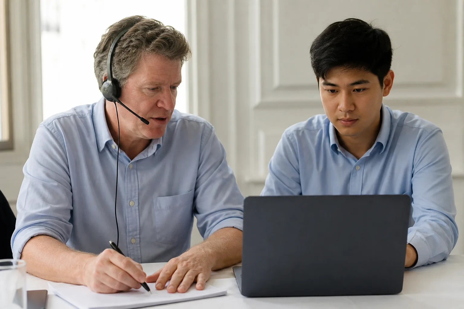 Telephone town hall or member call: a white man in his fifties with a headset at a plain table, agenda without a crest.