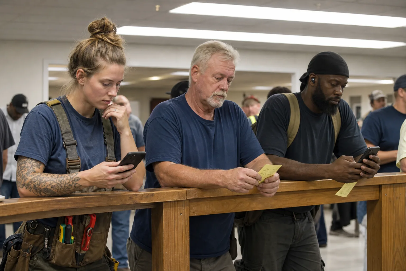 Members on the rail: a white woman electrician in her twenties, an older white man, a Black journeyworker.